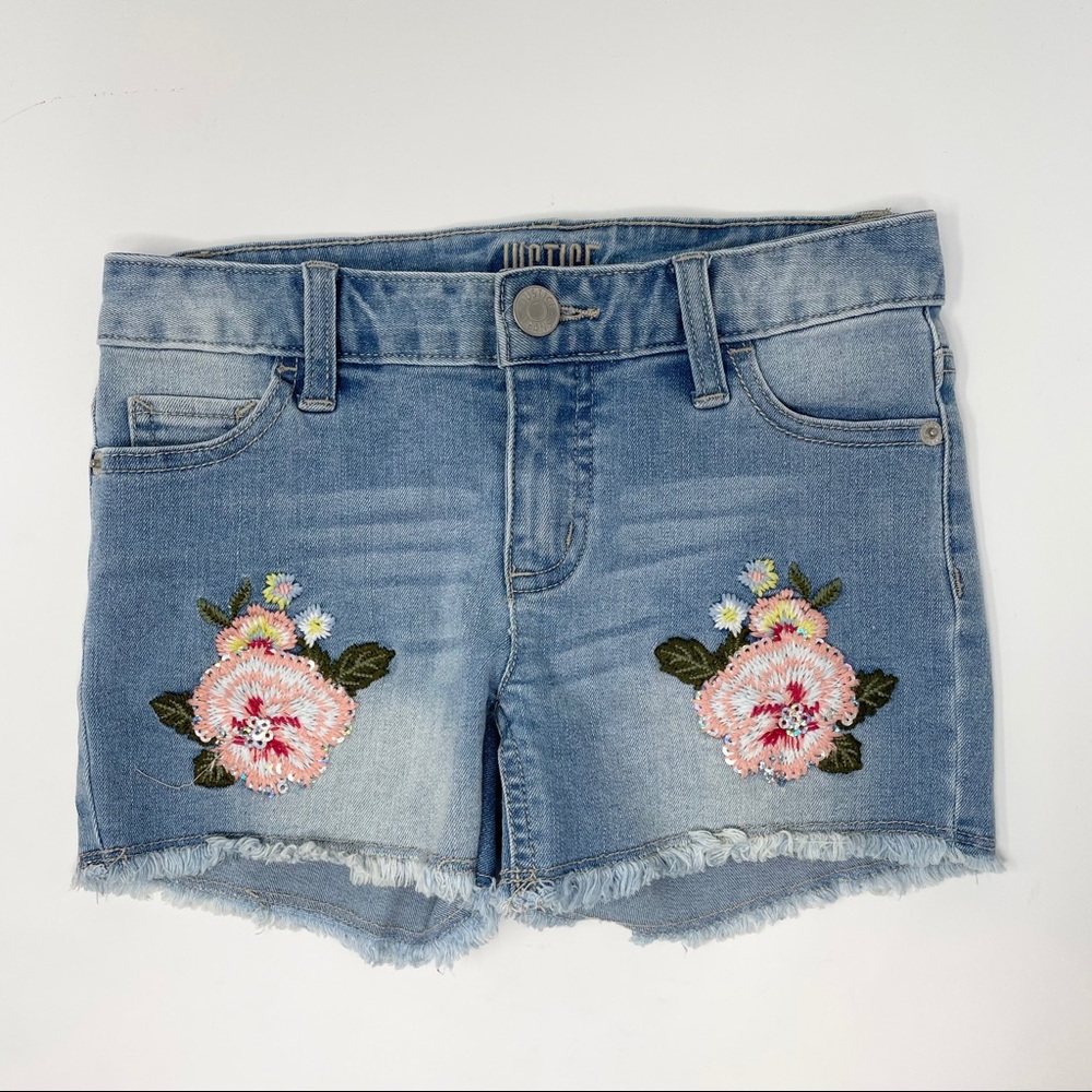 JUSTICE pink floral blue Jean shorts girls 12 slim